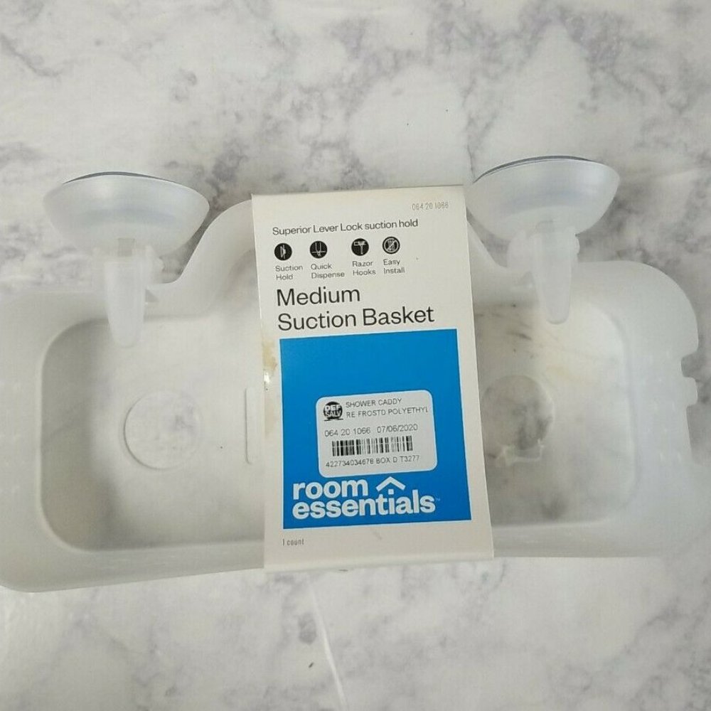 Room Essentials Rectangle Bath Basket with Power Lock Lever Suction White NEW